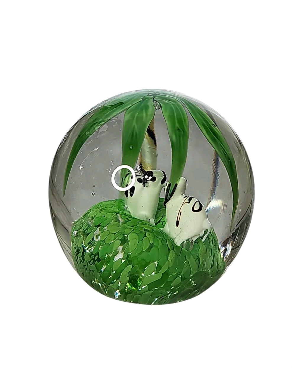 Oddly Darling Vintage handcrafted glass paperweight featuring two panda bears in a green bamboo forest scene
