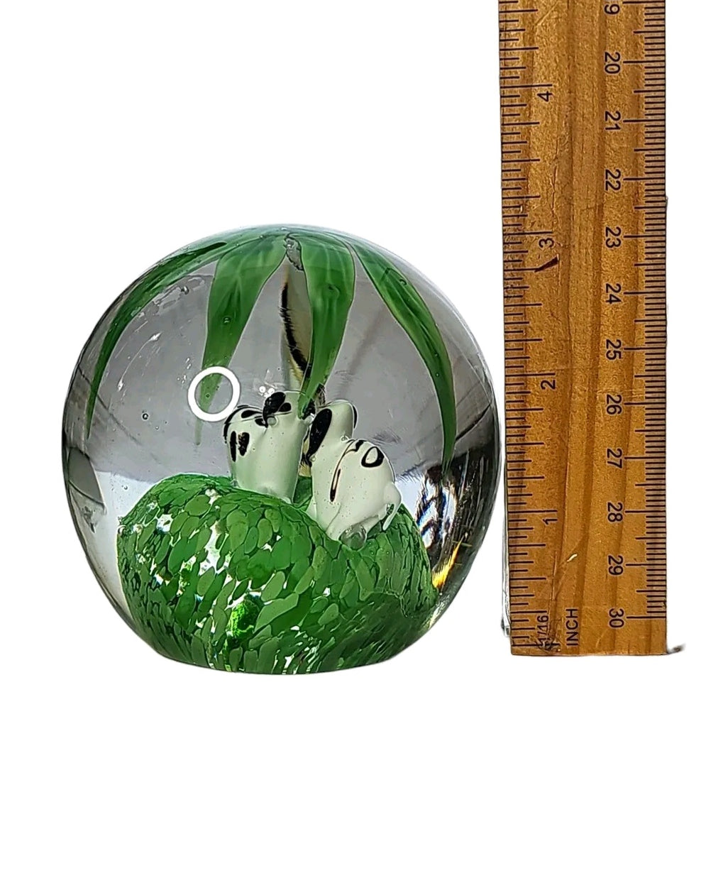 Oddly Darling Vintage glass paperweight featuring two panda bears in a green bamboo forest with a measuring ruler