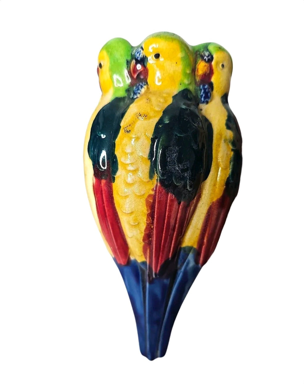 Oddly Darling Vintage ceramic wall pocket planter featuring three colorful parrots with a glossy finish.