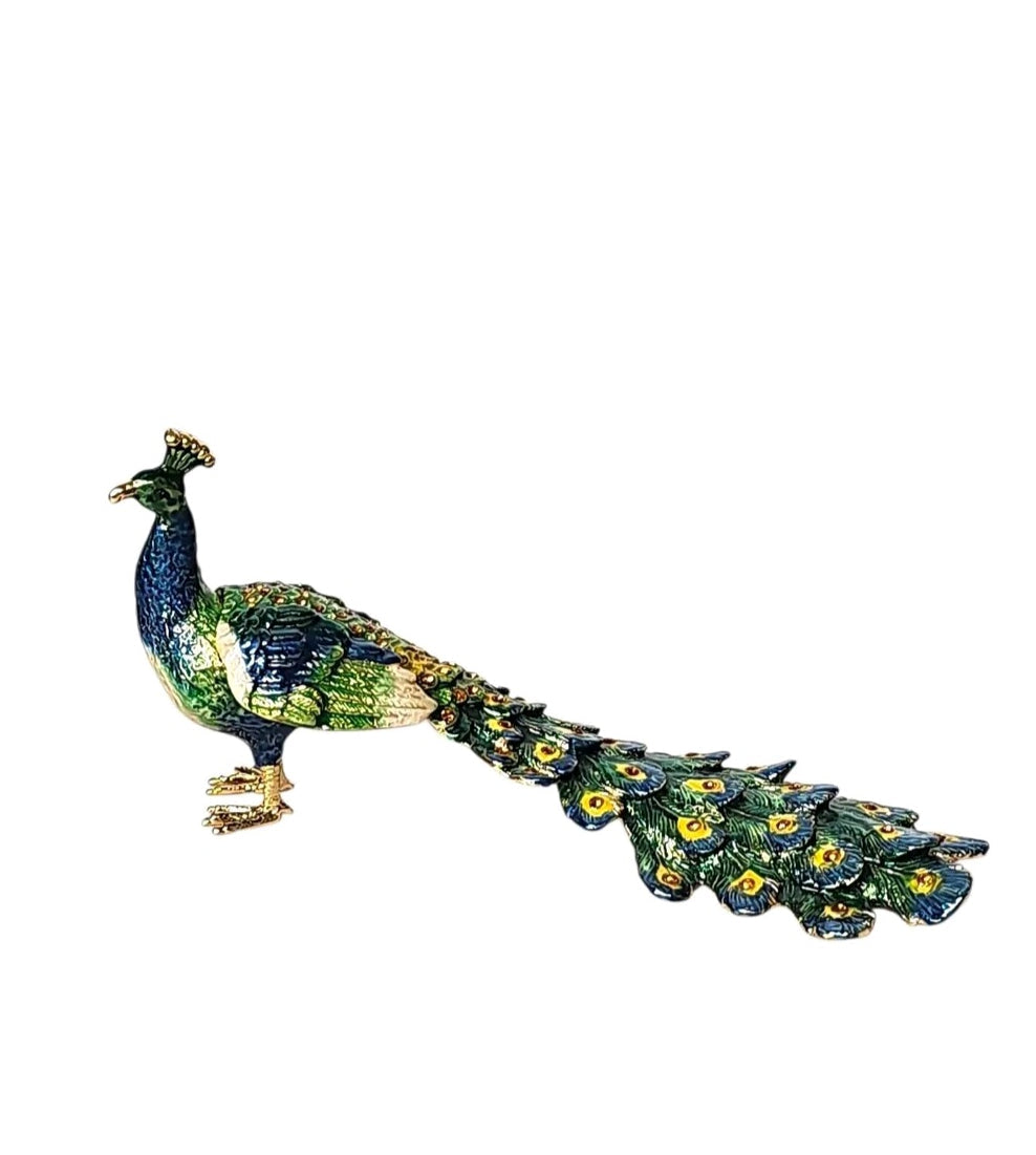 Oddly Darling Vintage peacock trinket box in sapphire blue and emerald green enamel with gold-tone accents.