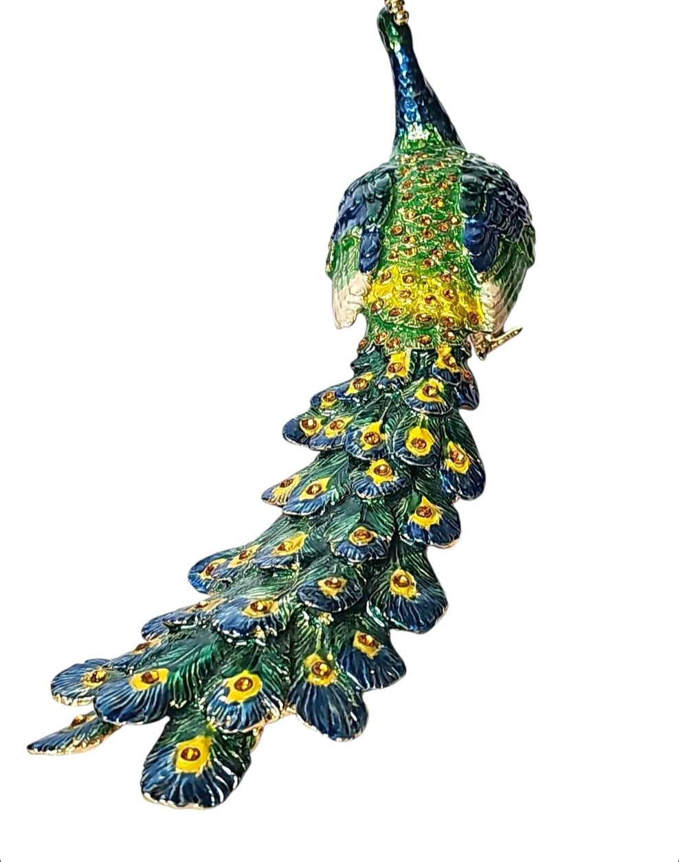Oddly Darling Vintage peacock trinket box with vibrant sapphire blue and emerald green enamel and gold-tone accents.