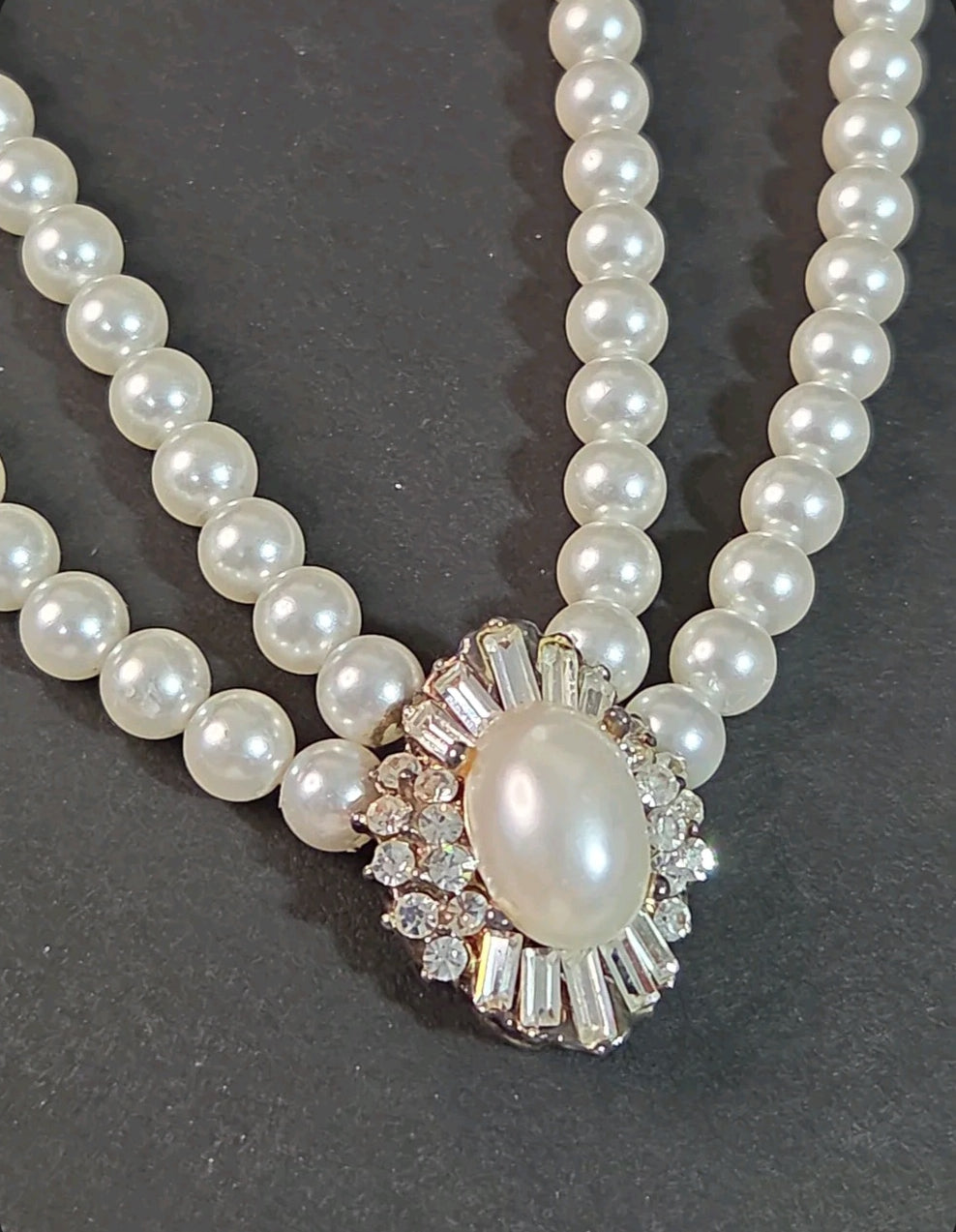 Oddly Darling Vintage double-strand cream faux pearl necklace with a crystal-encrusted oval brooch pendant.