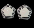 Oddly Darling Vintage pentagonal clip-on earrings with a glossy white center and black and white striped borders.