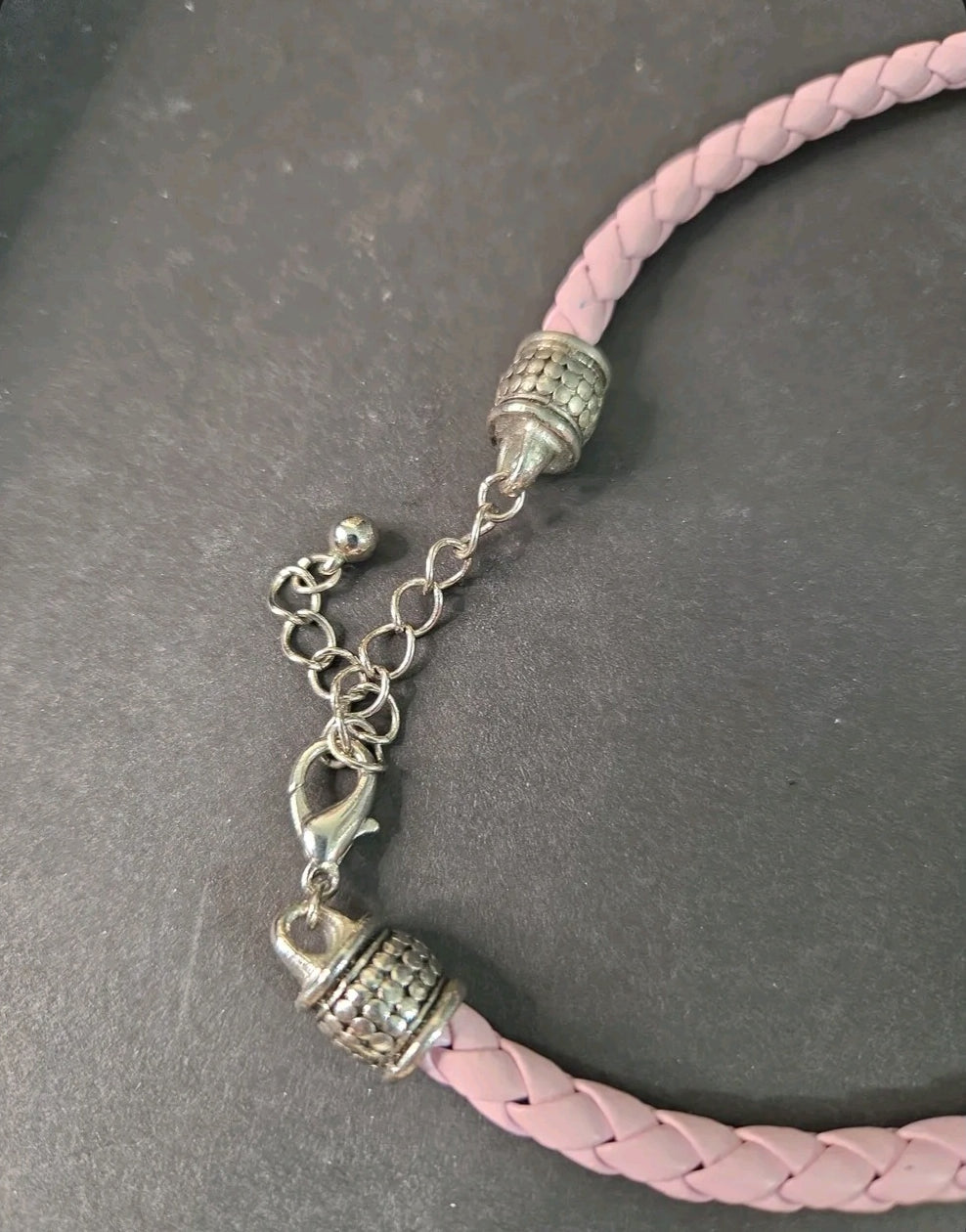 Oddly Darling Vintage light pink braided cord necklace with silver-tone ornate beads and adjustable extender chain