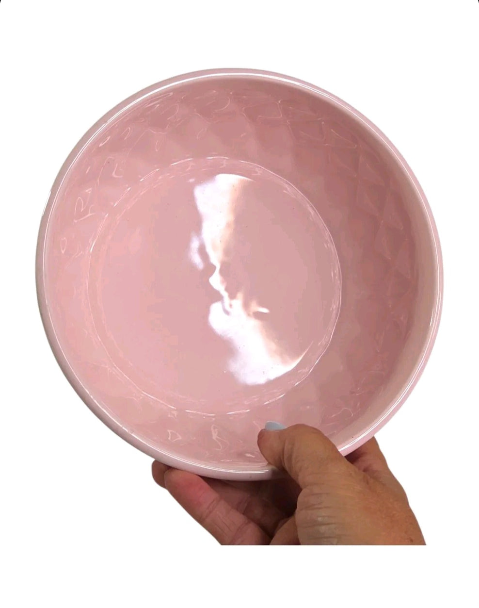 Oddly Darling Vintage pale pink ceramic bowl planter with a raised diamond texture pattern held in a hand.