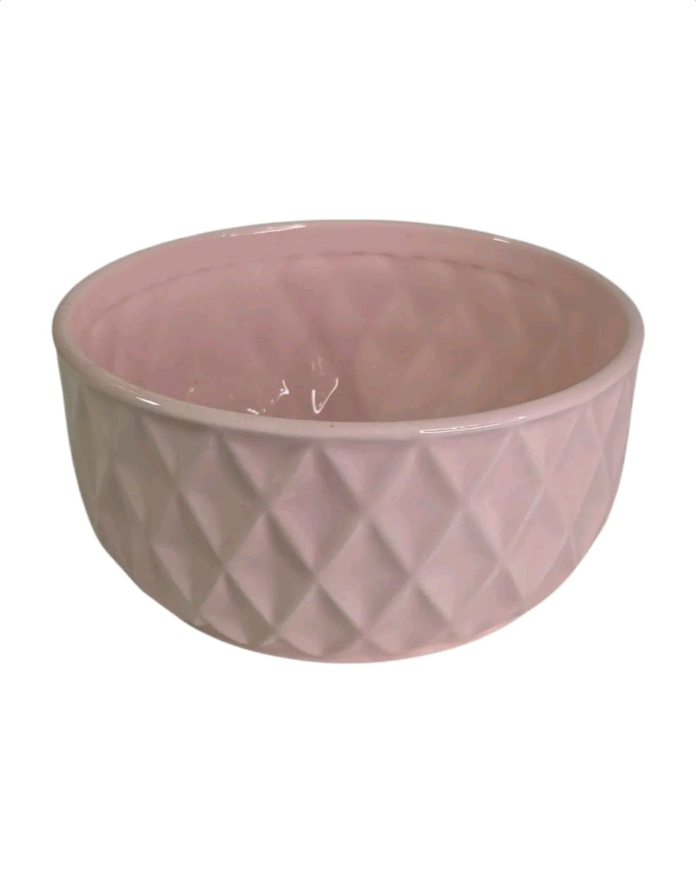 Oddly Darling Vintage pale pink ceramic bowl planter with a raised diamond geometric pattern for indoor plants.
