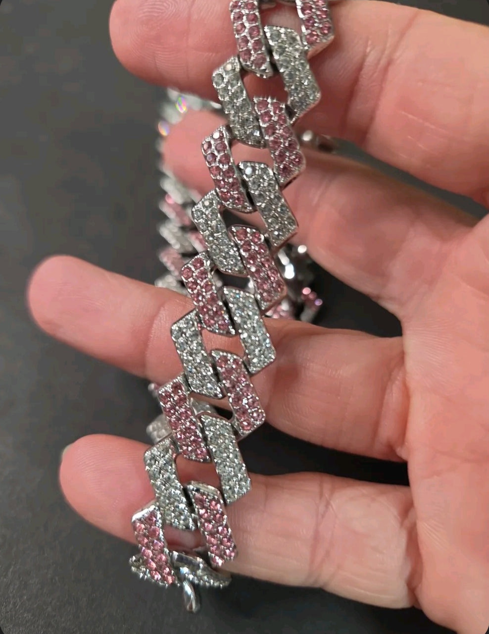 Oddly Darling Vintage iced-out cuban link necklace with alternating clear and pink crystal embellishments