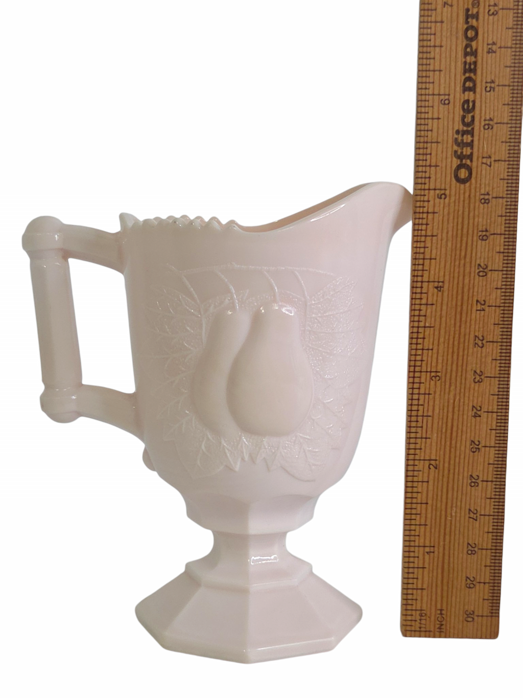 Oddly Darling Vintage pale pink milk glass creamer pitcher with embossed pear design and pedestal base