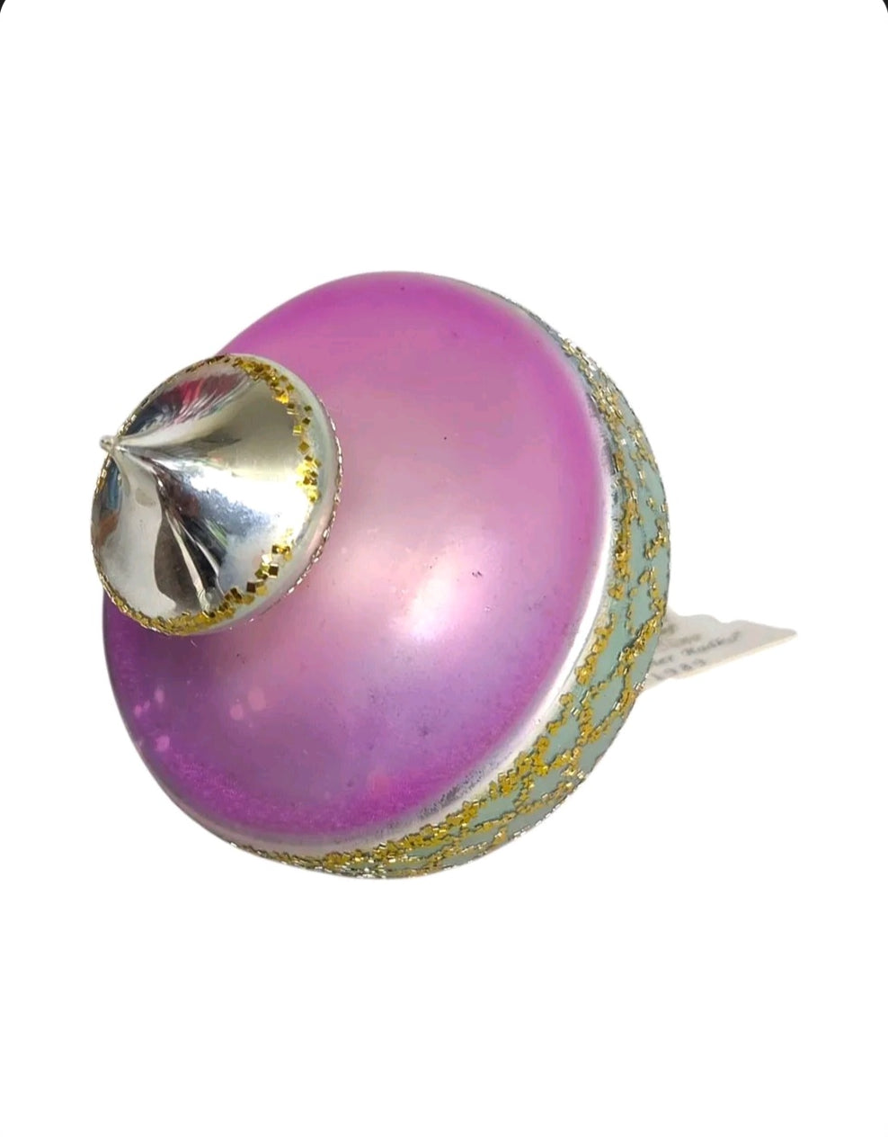 Oddly Darling Vintage 1989 Christopher Radko pink glass Christmas ornament with silver and gold glitter accents