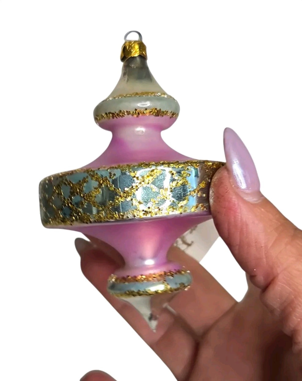 Oddly Darling Vintage 1989 Christopher Radko glass Christmas ornament in pink with gold glitter and silver accents
