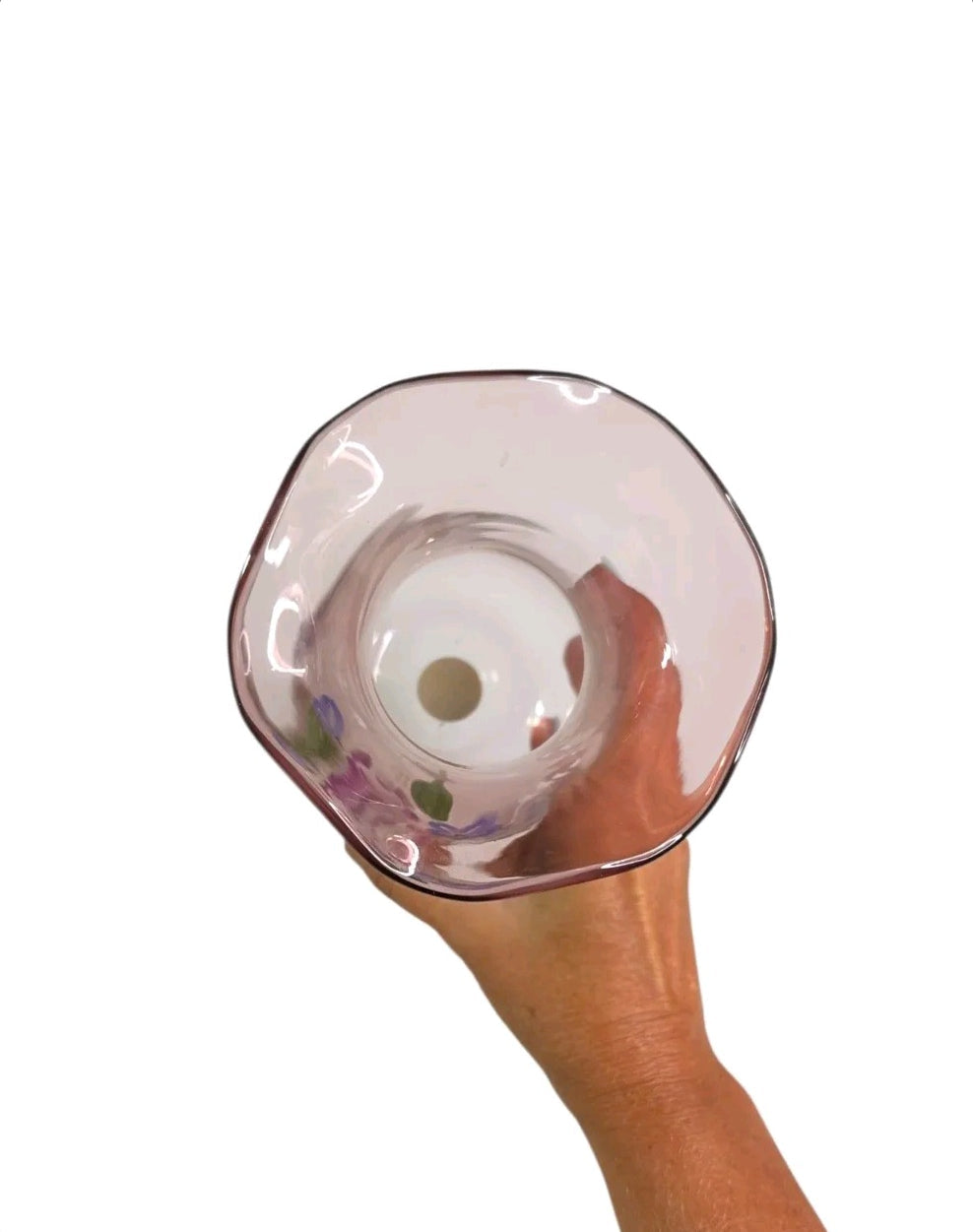Oddly Darling Vintage hand-painted light-pink glass vase with a ruffled rim viewed from above