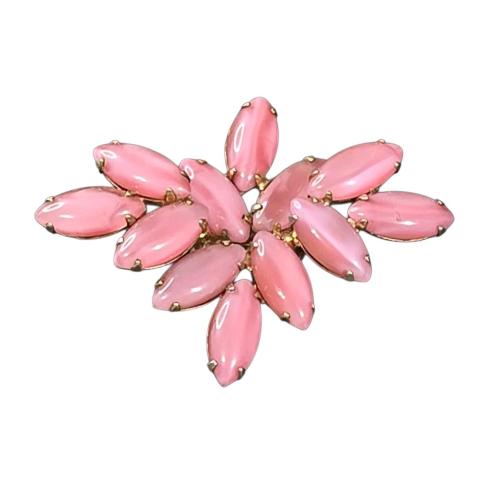 Oddly Darling Vintage brooch featuring pastel pink marquise-cut cabochon stones in a gold-tone floral cluster setting.