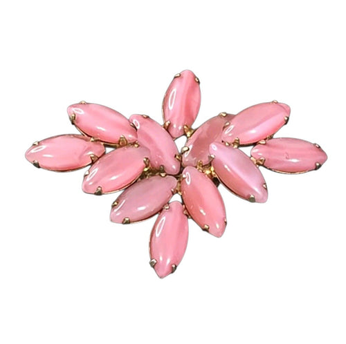 Oddly Darling Vintage brooch featuring pastel pink marquise-cut cabochon stones in a gold-tone floral cluster setting.