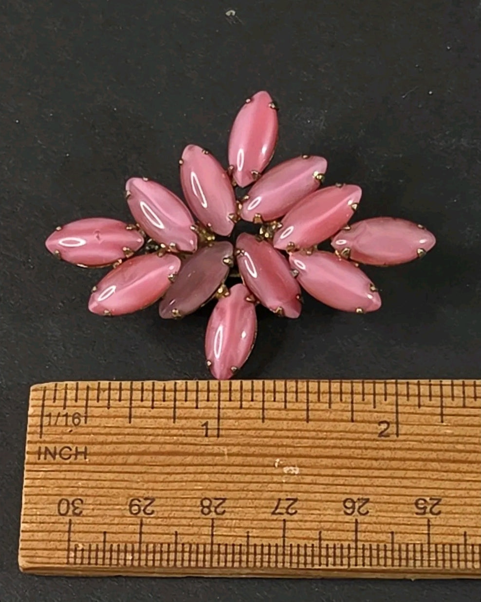 Oddly Darling Vintage marquise-cut pastel pink cabochon stone cluster brooch with gold-tone metal setting
