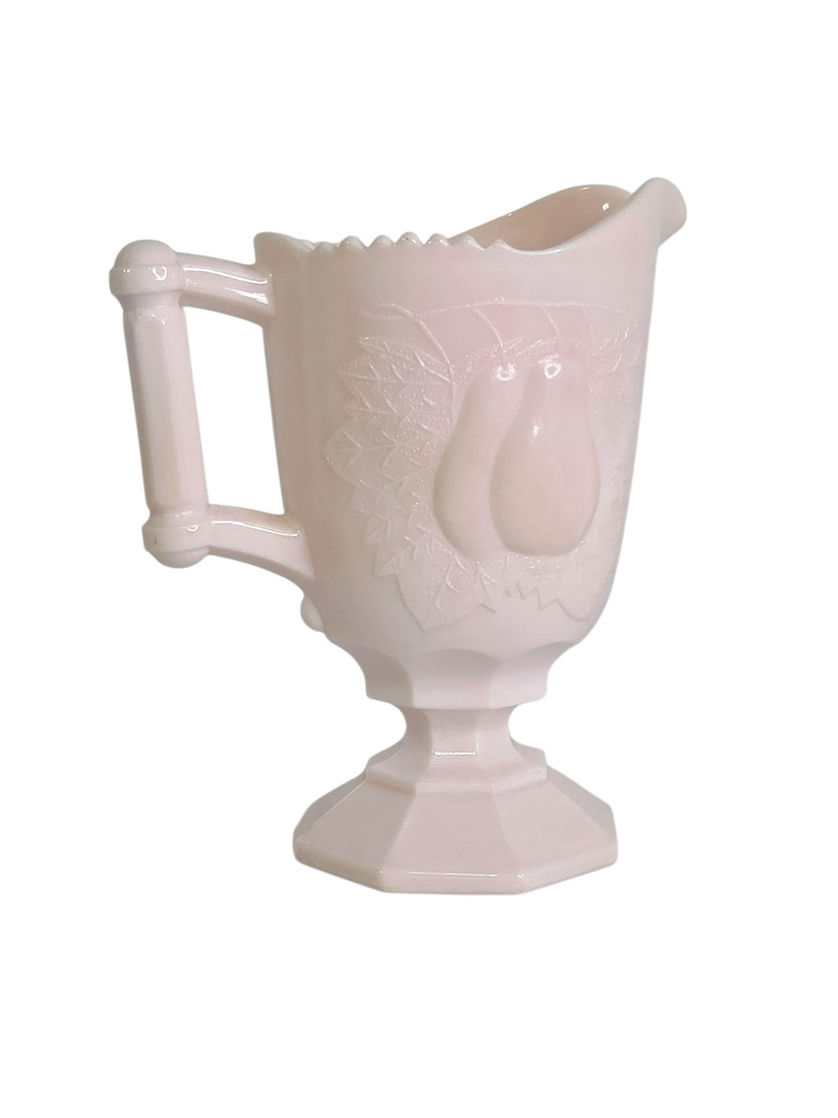 Oddly Darling Vintage pale pink milk glass creamer pitcher with an embossed pear design and pedestal base.