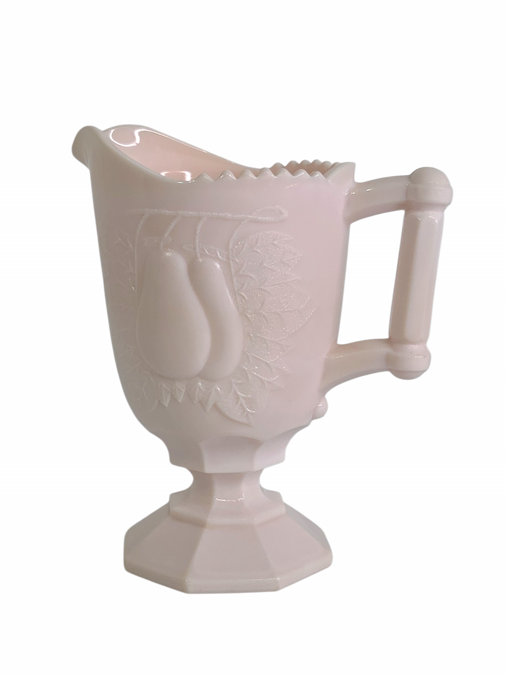 Oddly Darling Vintage pale pink milk glass creamer pitcher with an embossed pear design and pedestal base