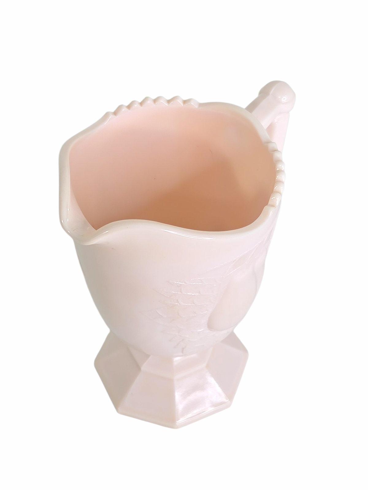 Oddly Darling Vintage pale pink milk glass creamer pitcher with an embossed pear design and pedestal base.