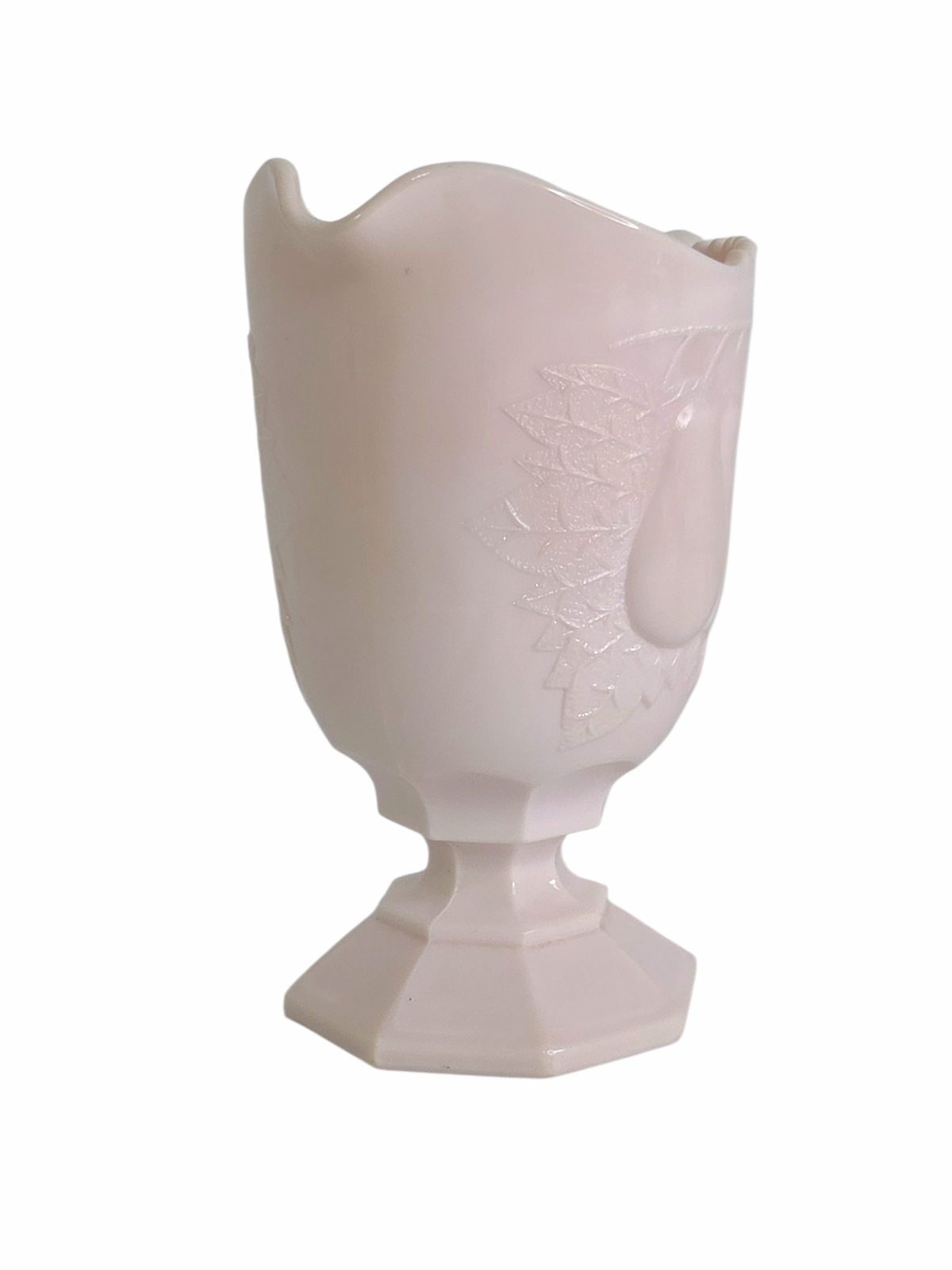 Oddly Darling Vintage pale pink milk glass creamer pitcher with an embossed pear design and a pedestal base.