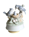 Oddly Darling Vintage porcelain music box featuring a bird family in a nest with soft pastel blue and green tones.