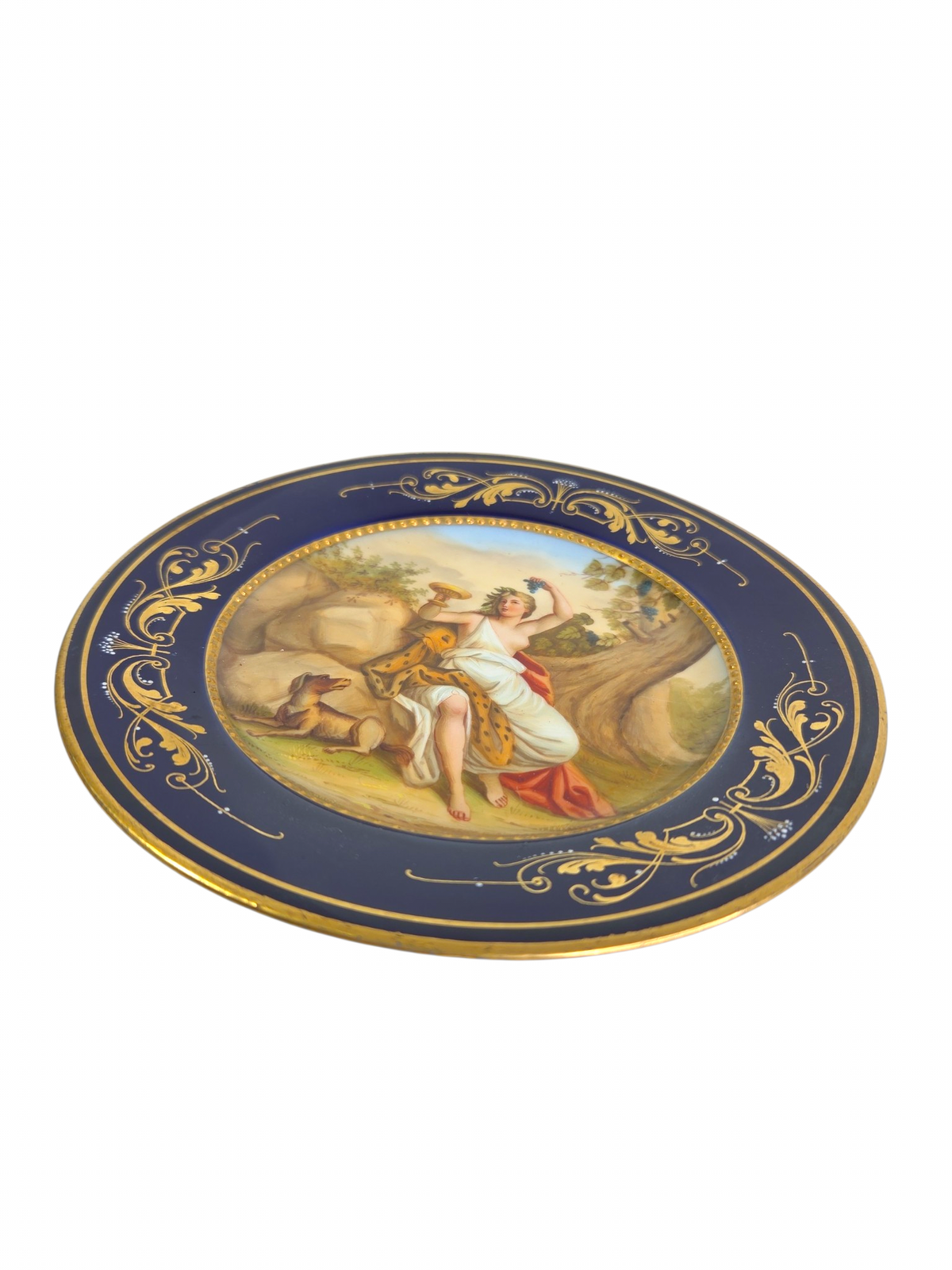 Oddly Darling Vintage porcelain display plate with hand-painted mythological scene, cobalt blue border, and gold gilt.