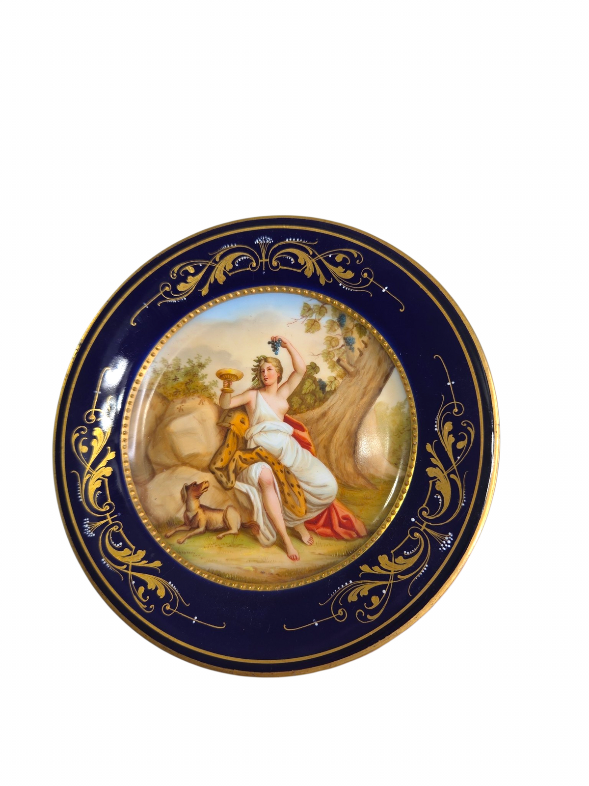 Oddly Darling Vintage porcelain display plate with hand-painted mythological scene, cobalt blue border, and gold gilt.