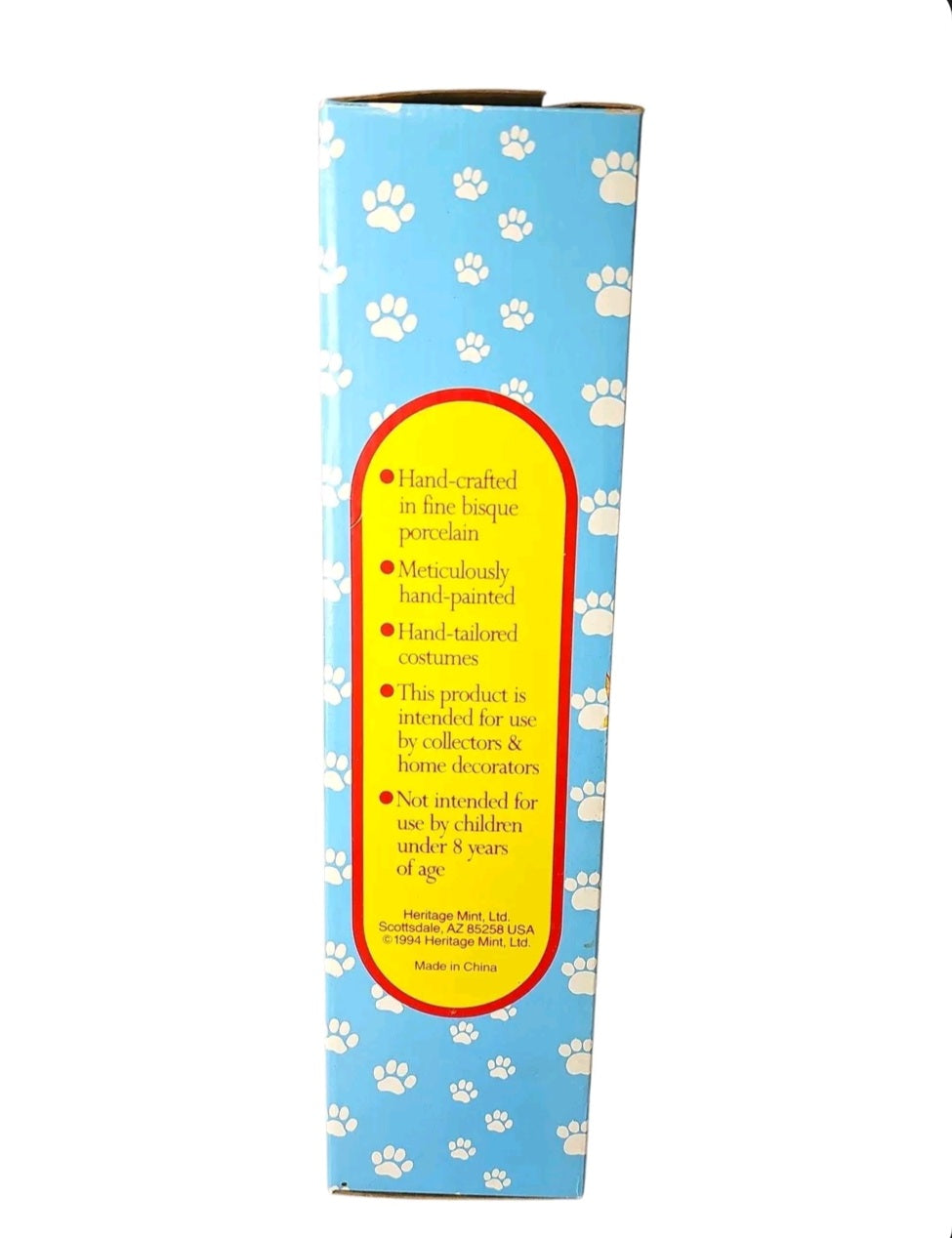 Oddly Darling Vintage Heritage Mint King Meow porcelain doll packaging side panel with product details