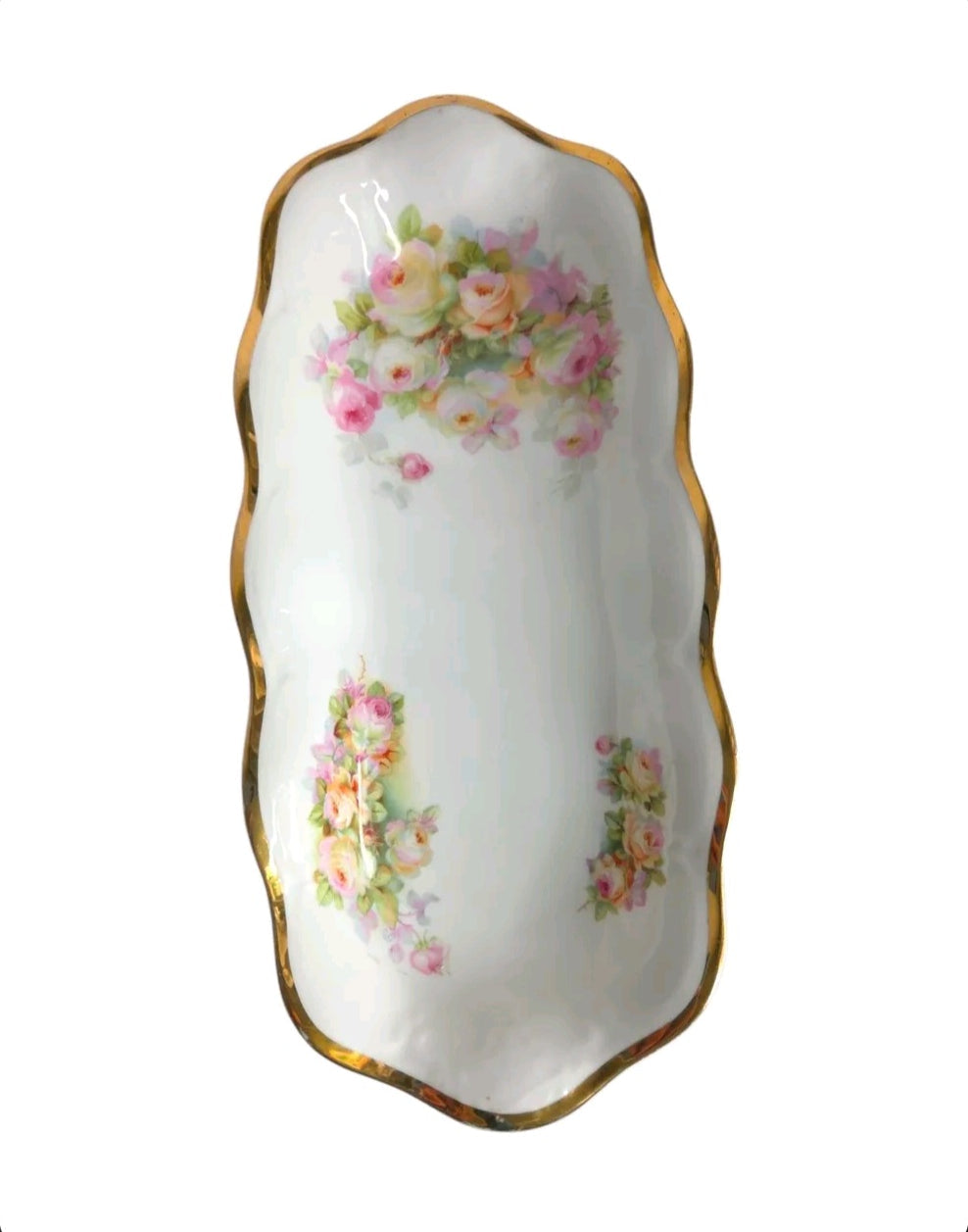 Oddly Darling Vintage porcelain serving tray with scalloped edges, gold rim, and hand-painted pink and yellow florals.