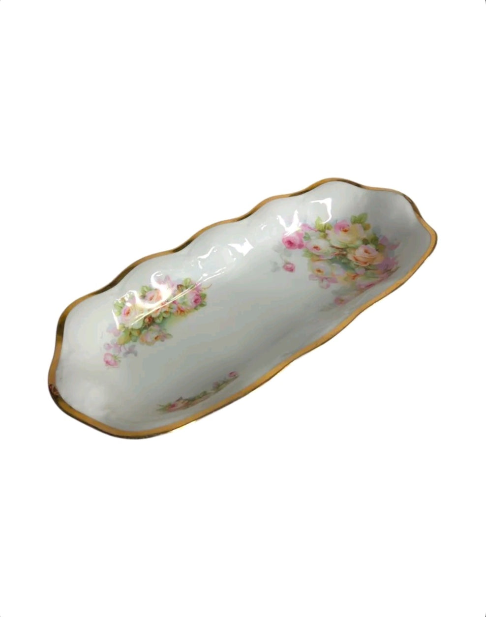 Oddly Darling Vintage porcelain serving tray with hand-painted floral motifs, scalloped edges, and a gold-gilded rim.