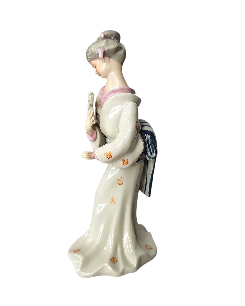 Oddly Darling Vintage porcelain geisha figurine in a cream kimono with hand-painted floral details and a fan