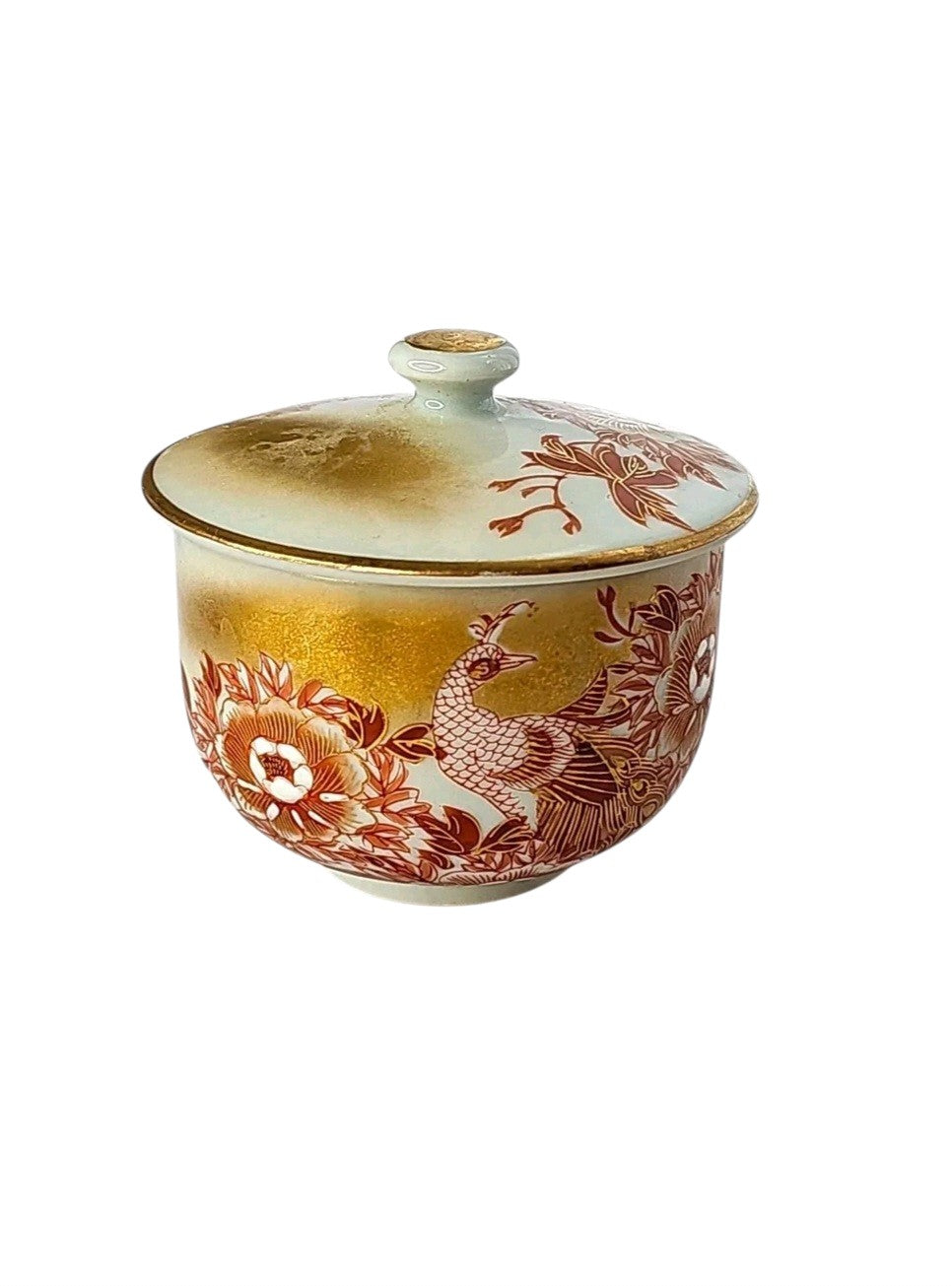 Vintage Japanese Lidded Tea Cup | Kutani Style Red & Gold Peacock and ...