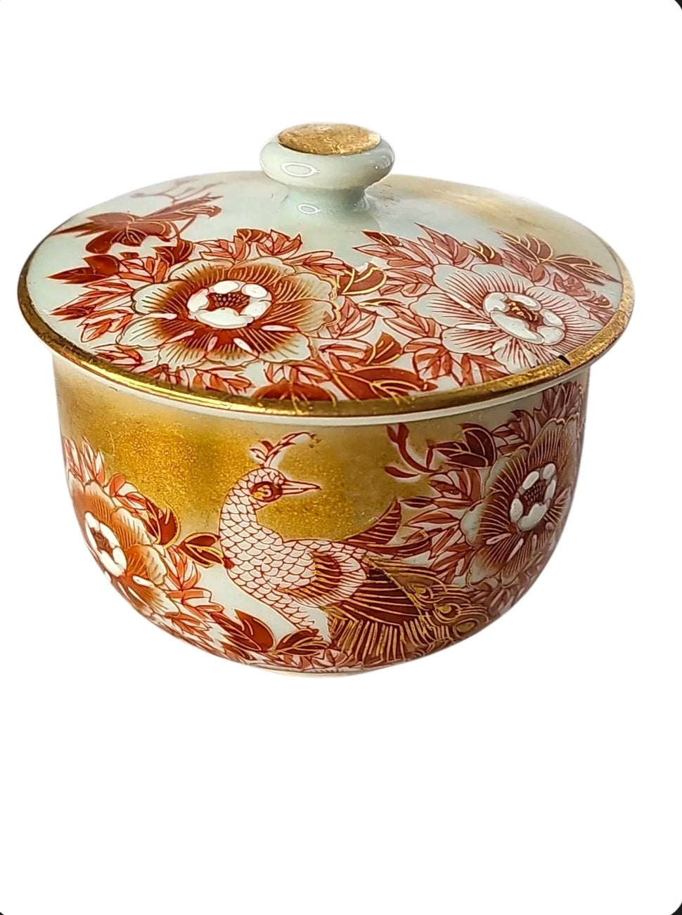 Vintage Japanese Lidded Tea Cup | Kutani Style Red & Gold Peacock and ...