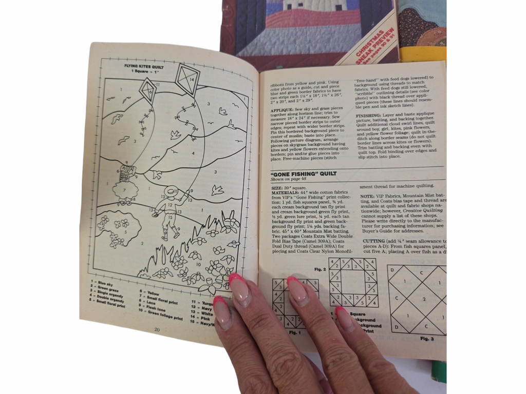 Oddly Darling Vintage magazine pages showing detailed quilting patterns, diagrams, and instructions for craft projects.