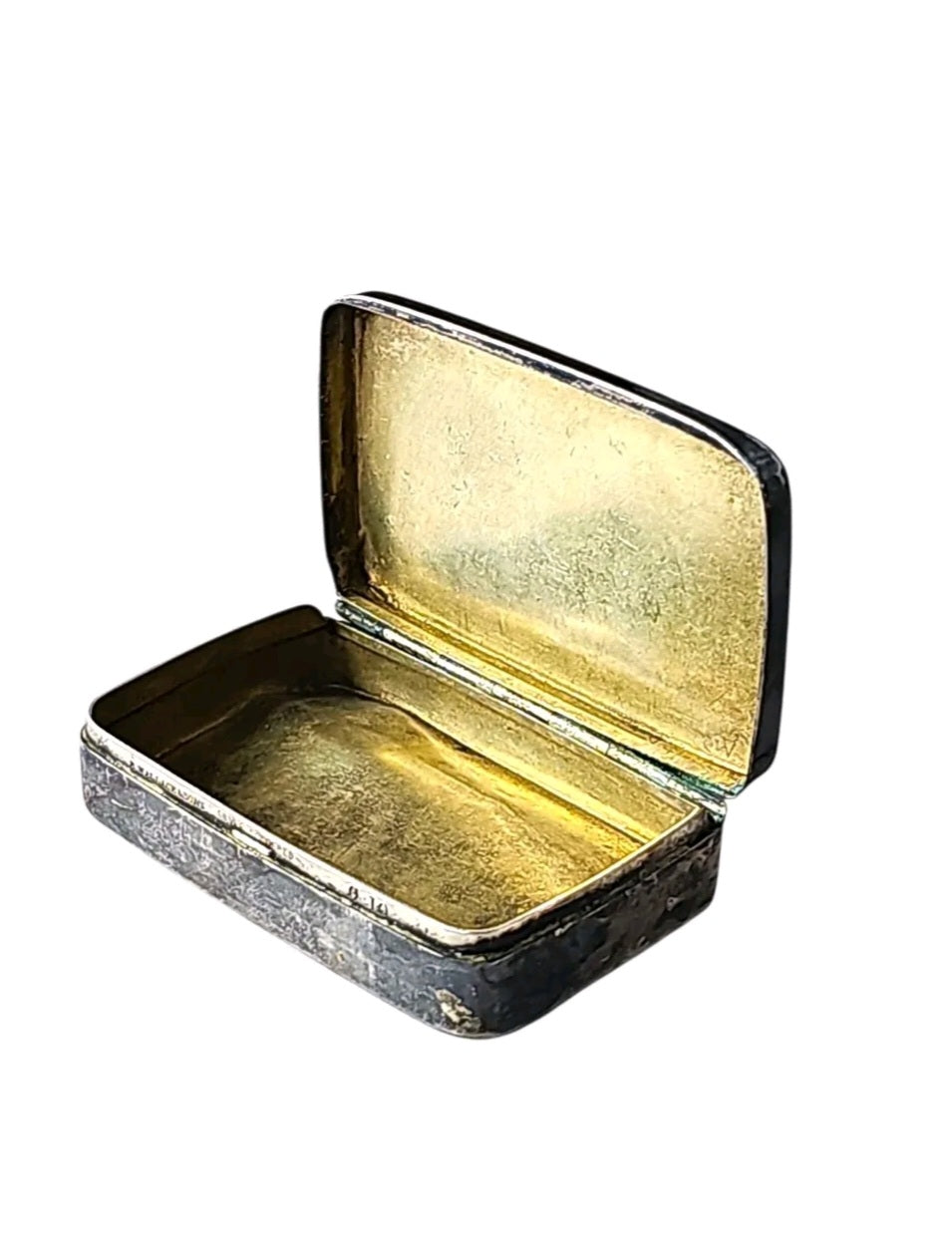Oddly Darling Vintage R. Wallace & Sons silver-soldered trinket box with ornate engraved lid and gold-washed interior.