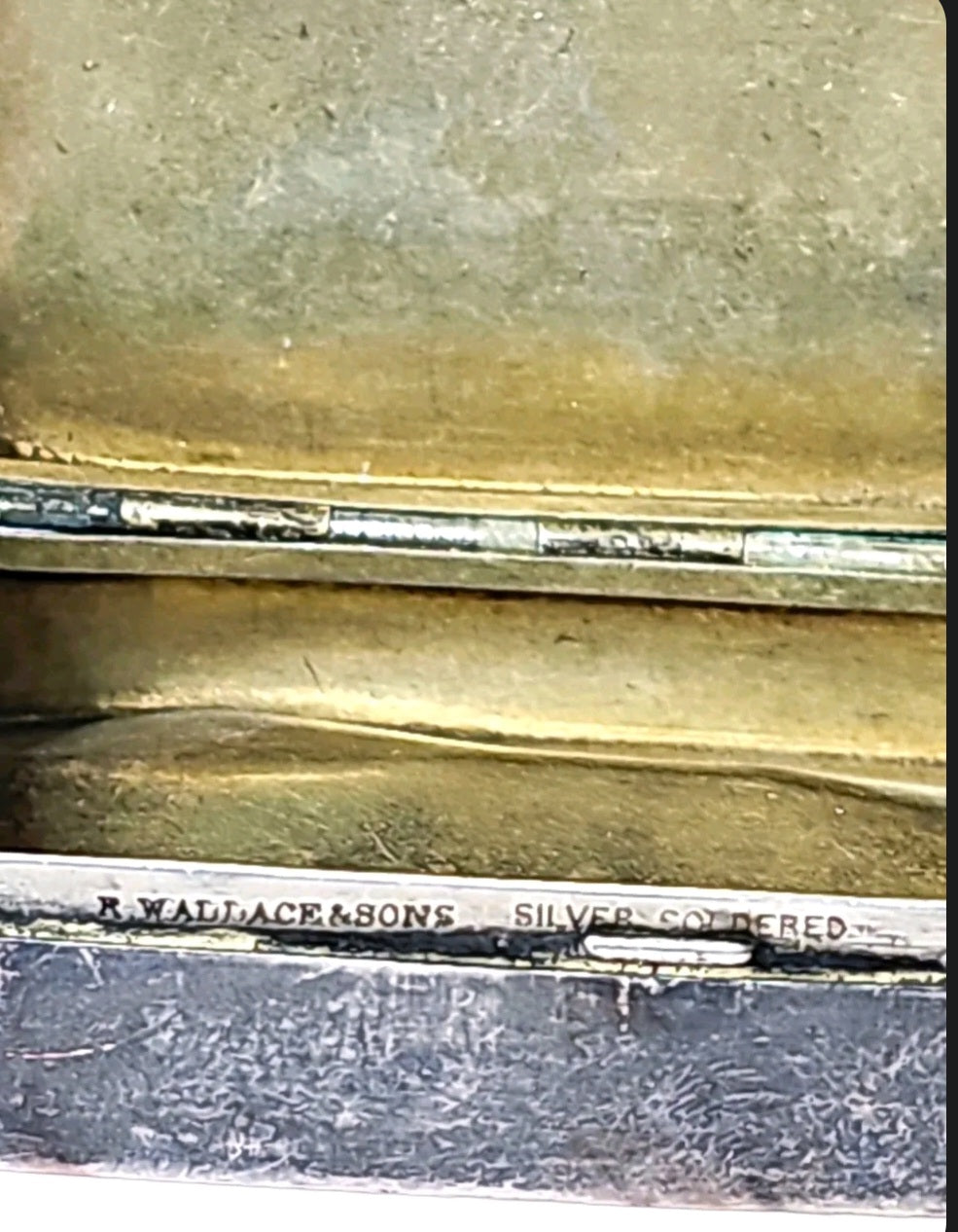 Oddly Darling Vintage R. Wallace & Sons silver-soldered trinket box showing the maker's mark and aged metal patina.