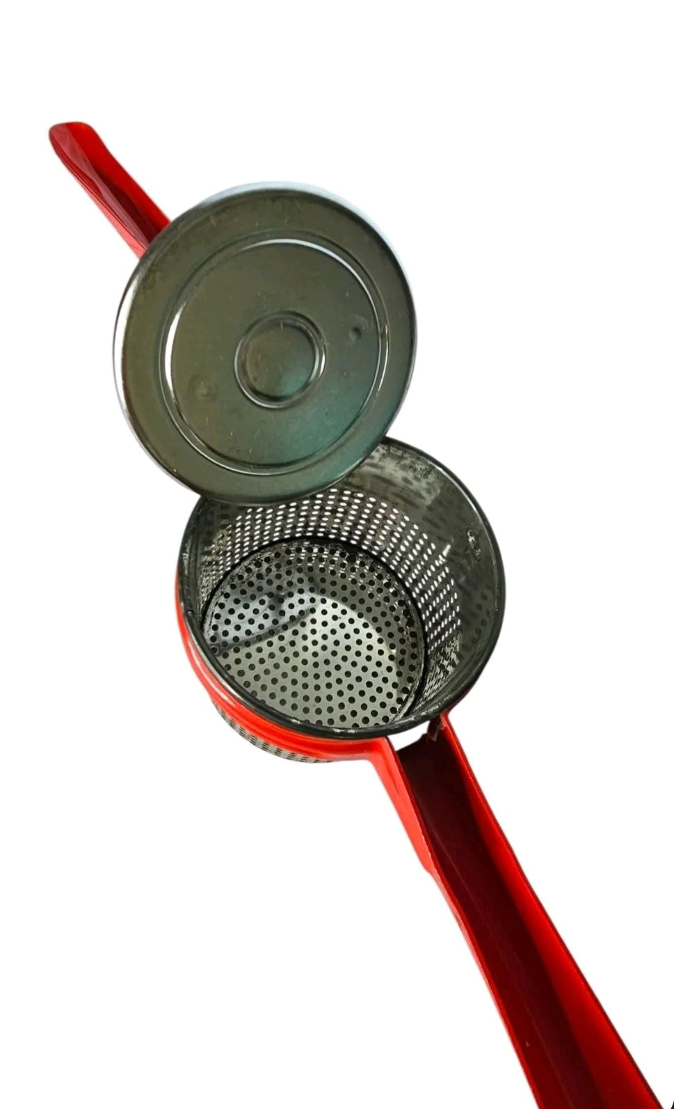 Oddly Darling Vintage red stainless steel potato ricer with a perforated hopper for fluffy mashed potatoes
