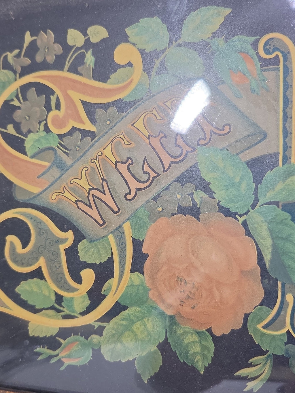 Oddly Darling Vintage antique mourning motto, close view of the floral details.