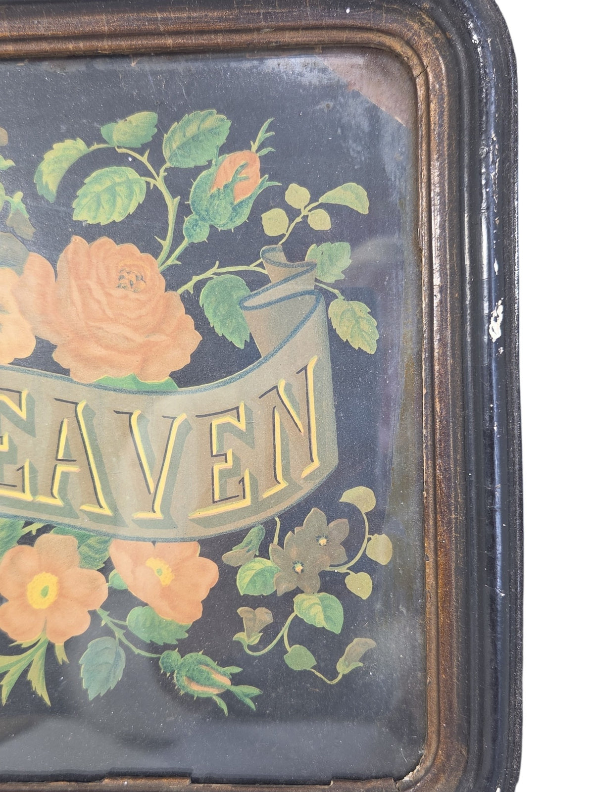 Oddly Darling Vintage Victorian mourning motto with floral ribbon lettering in a dark frame.