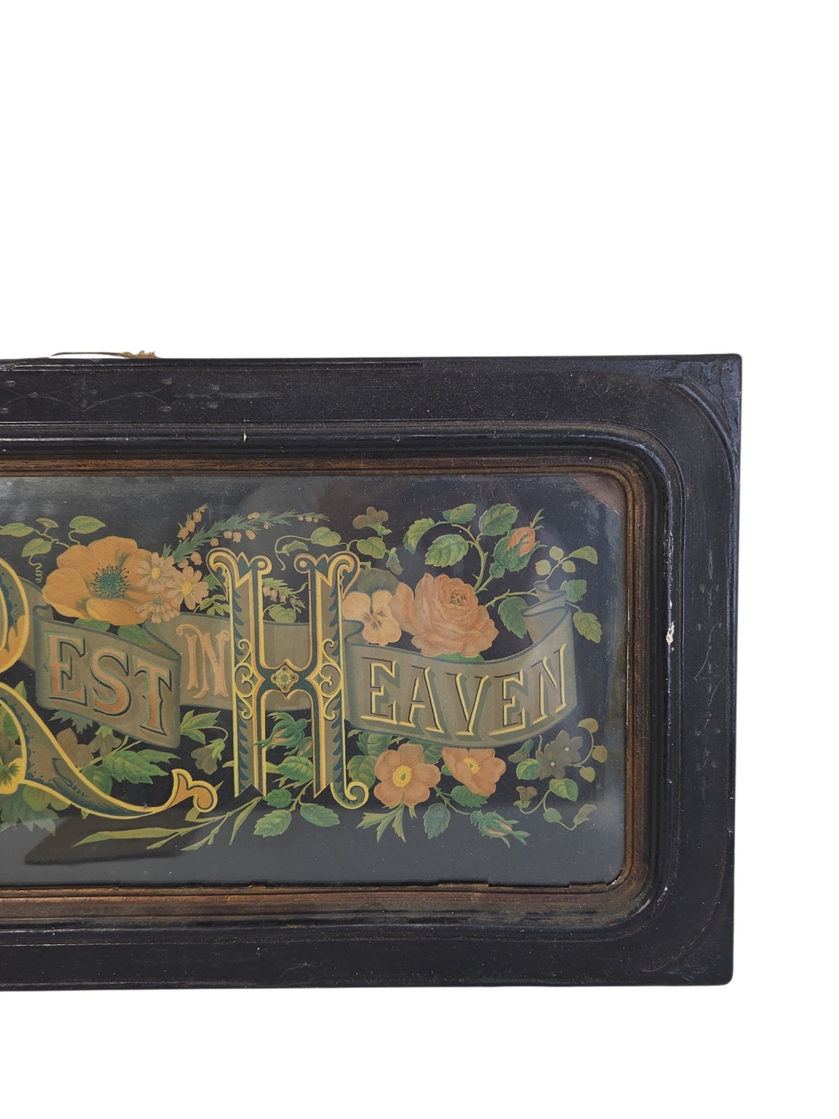Oddly Darling Vintage Victorian chromolithograph motto, close view of the Sweet Rest in Heaven lettering.