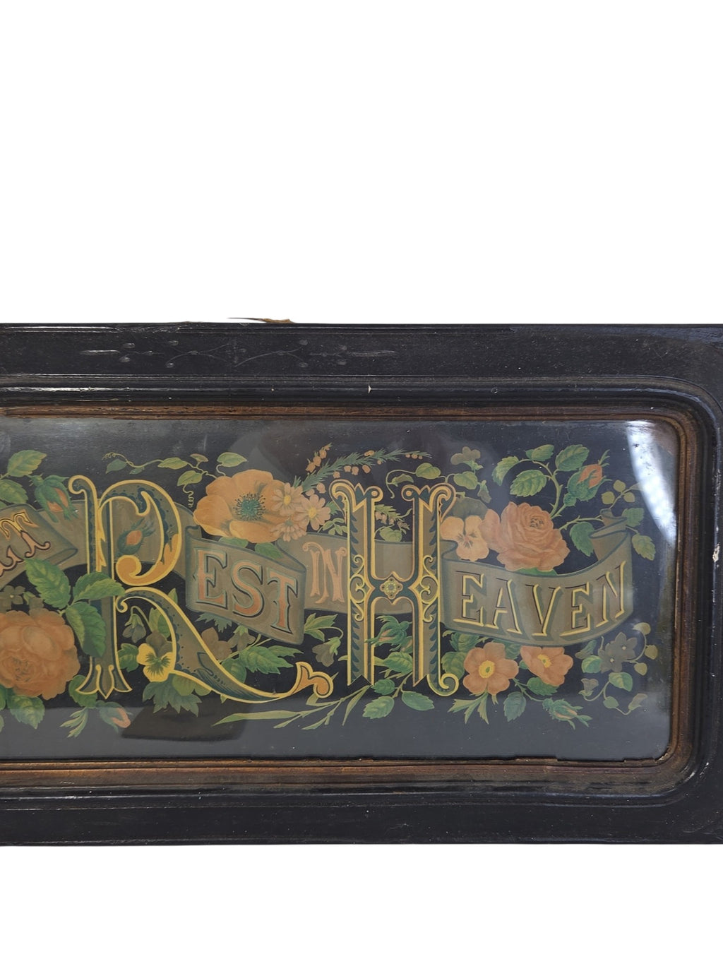 Oddly Darling Vintage antique mourning motto in a dark wood frame, angled view.