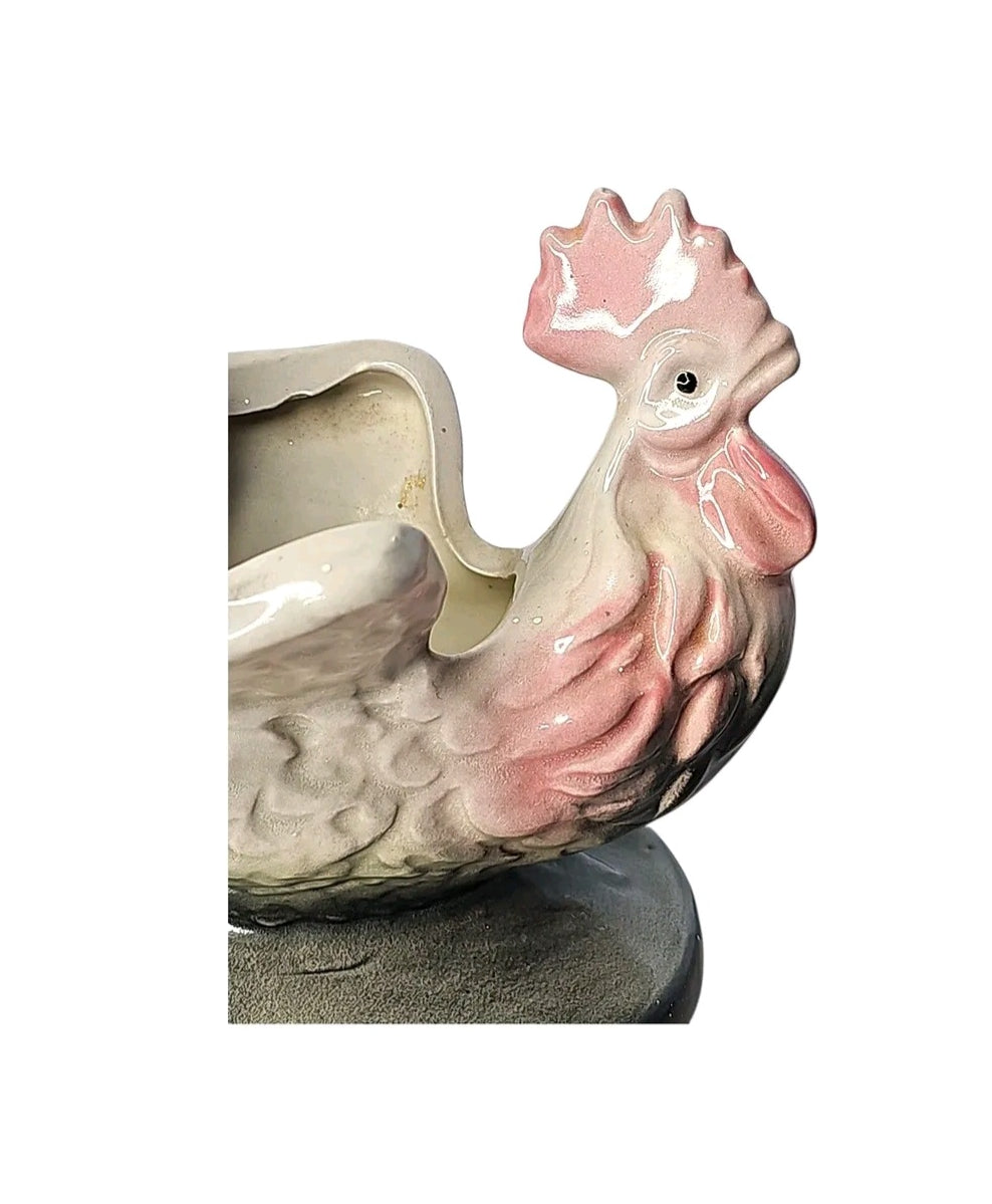 Oddly Darling Vintage ceramic rooster planter in dusty pink, sage green, and charcoal grey with a glazed finish.
