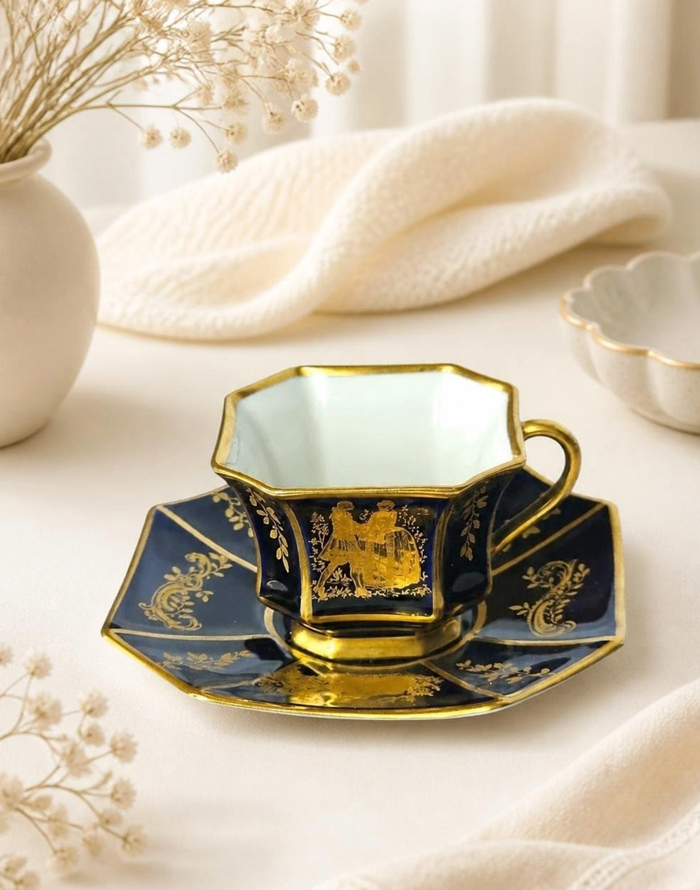 Oddly Darling Vintage Rosenthal porcelain teacup and saucer in cobalt blue with intricate gold-leaf romantic scenes.