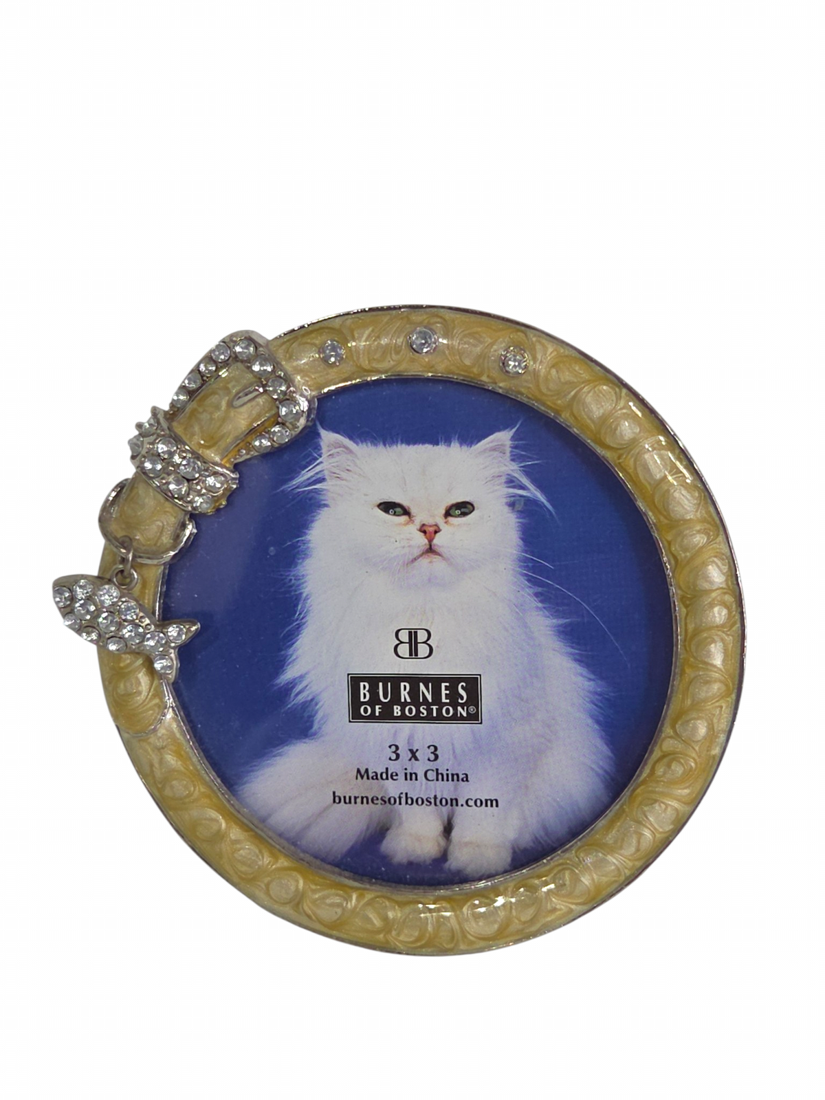 Oddly Darling Vintage Burnes of Boston cat collar frame, close view of the rhinestone buckle and fish charm.