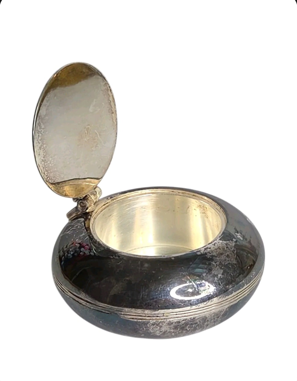 Oddly Darling Vintage round hinged trinket box with a polished silver-toned finish and weathered patina