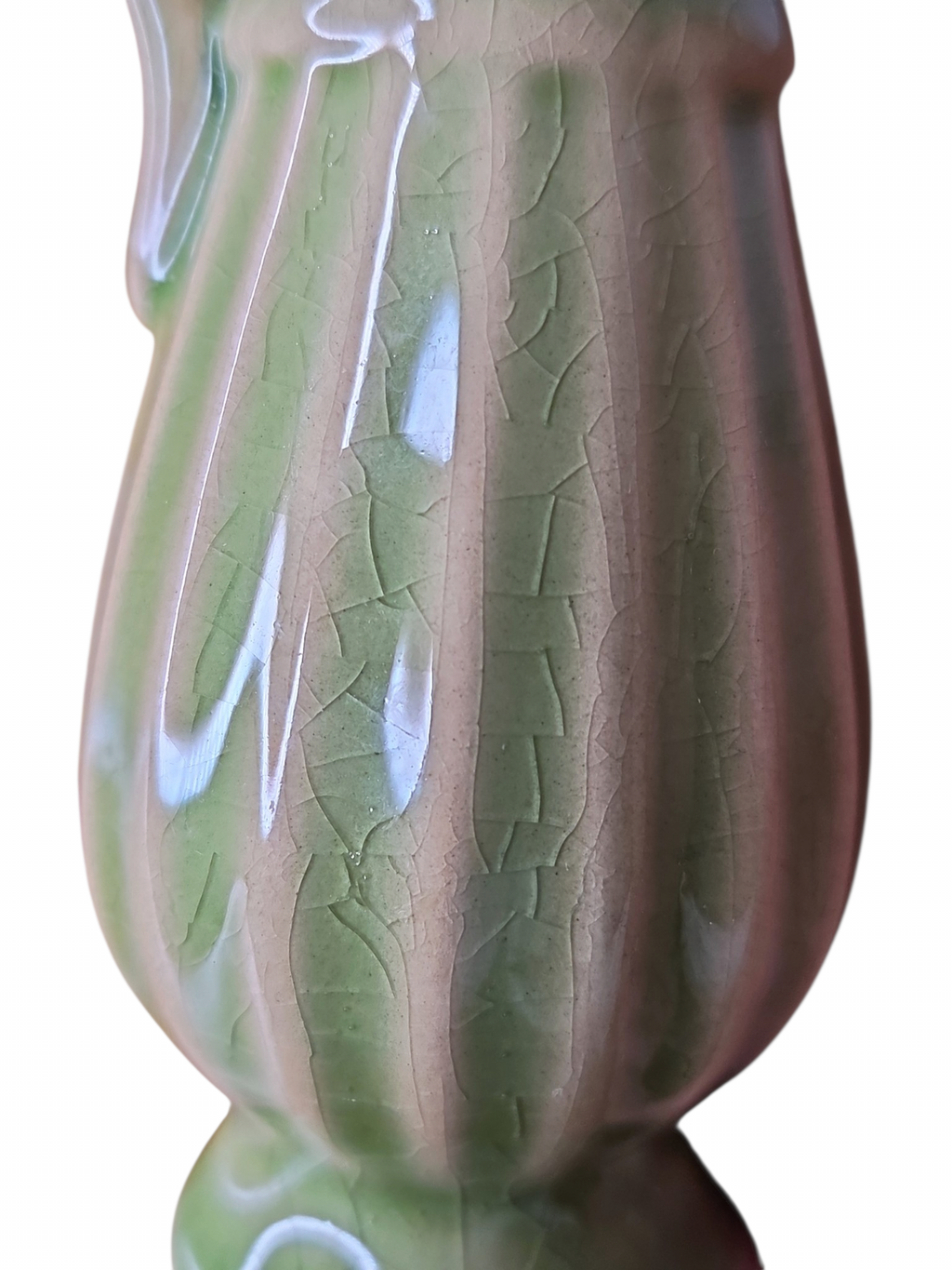 Oddly Darling Vintage sage green ceramic pitcher vase with a vertical ribbed texture and a delicate crackle glaze.