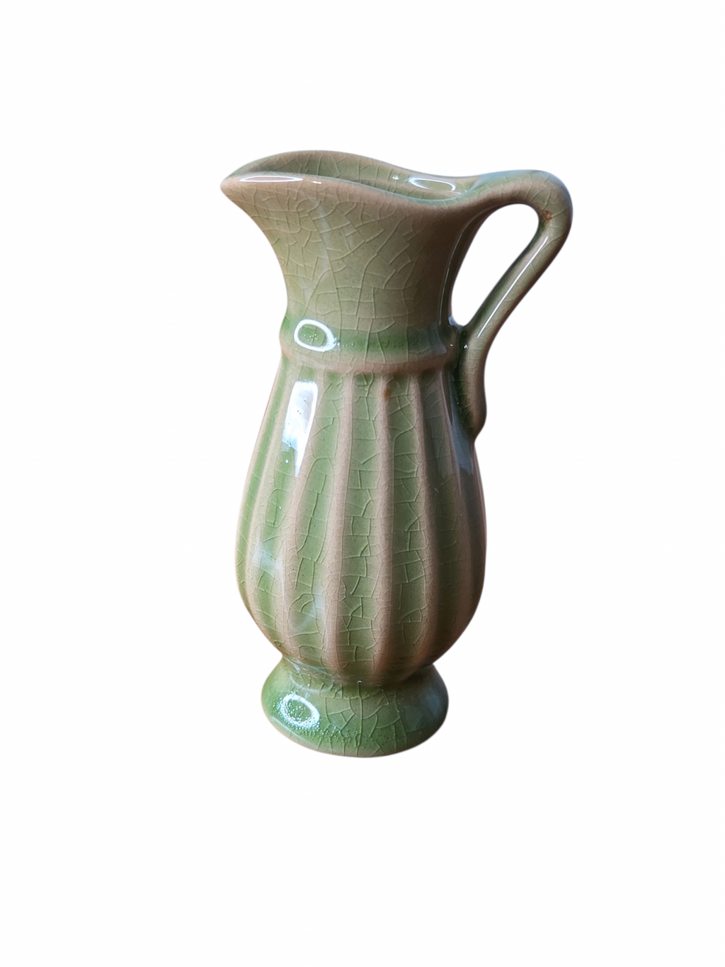 Oddly Darling Vintage sage green ceramic pitcher vase with a ribbed texture and a decorative crackle glaze finish.