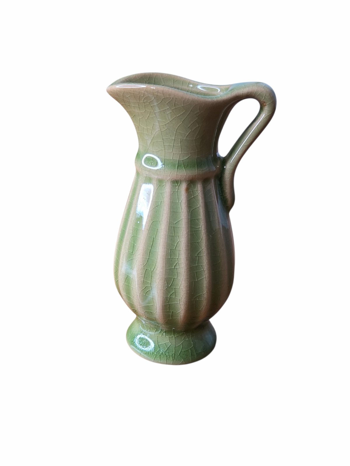 Oddly Darling Vintage sage green ceramic pitcher vase with a ribbed texture and a decorative crackle glaze finish.