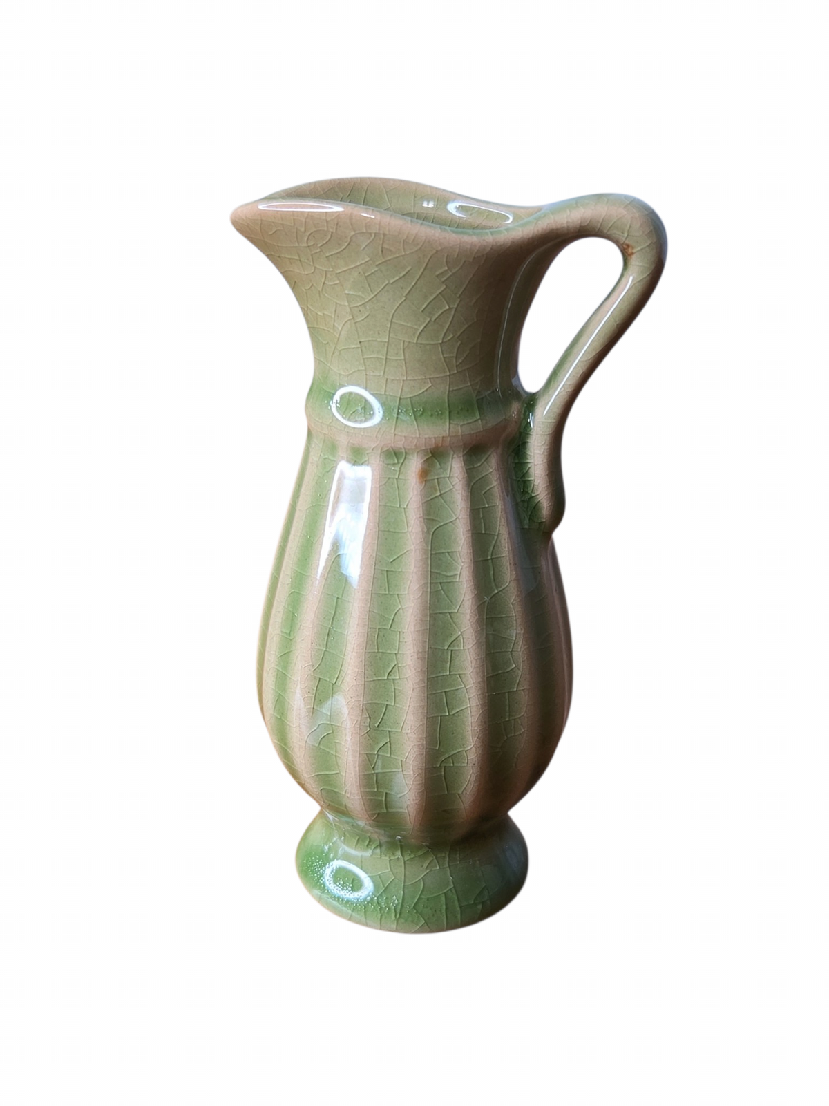 Oddly Darling Vintage sage green ceramic pitcher vase with a ribbed texture and decorative crackle glaze finish.