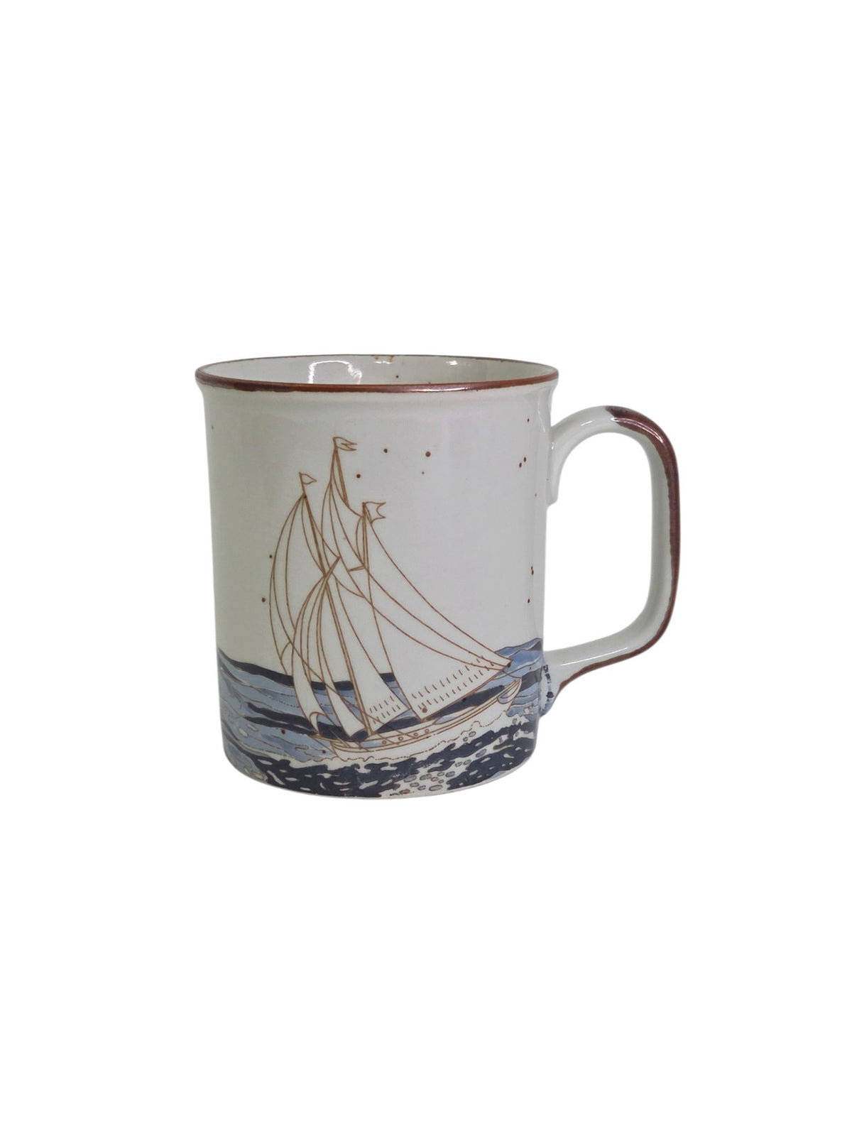 Oddly Darling Vintage ceramic coffee mug with a sailboat illustration, speckled off-white finish, and brown rim.