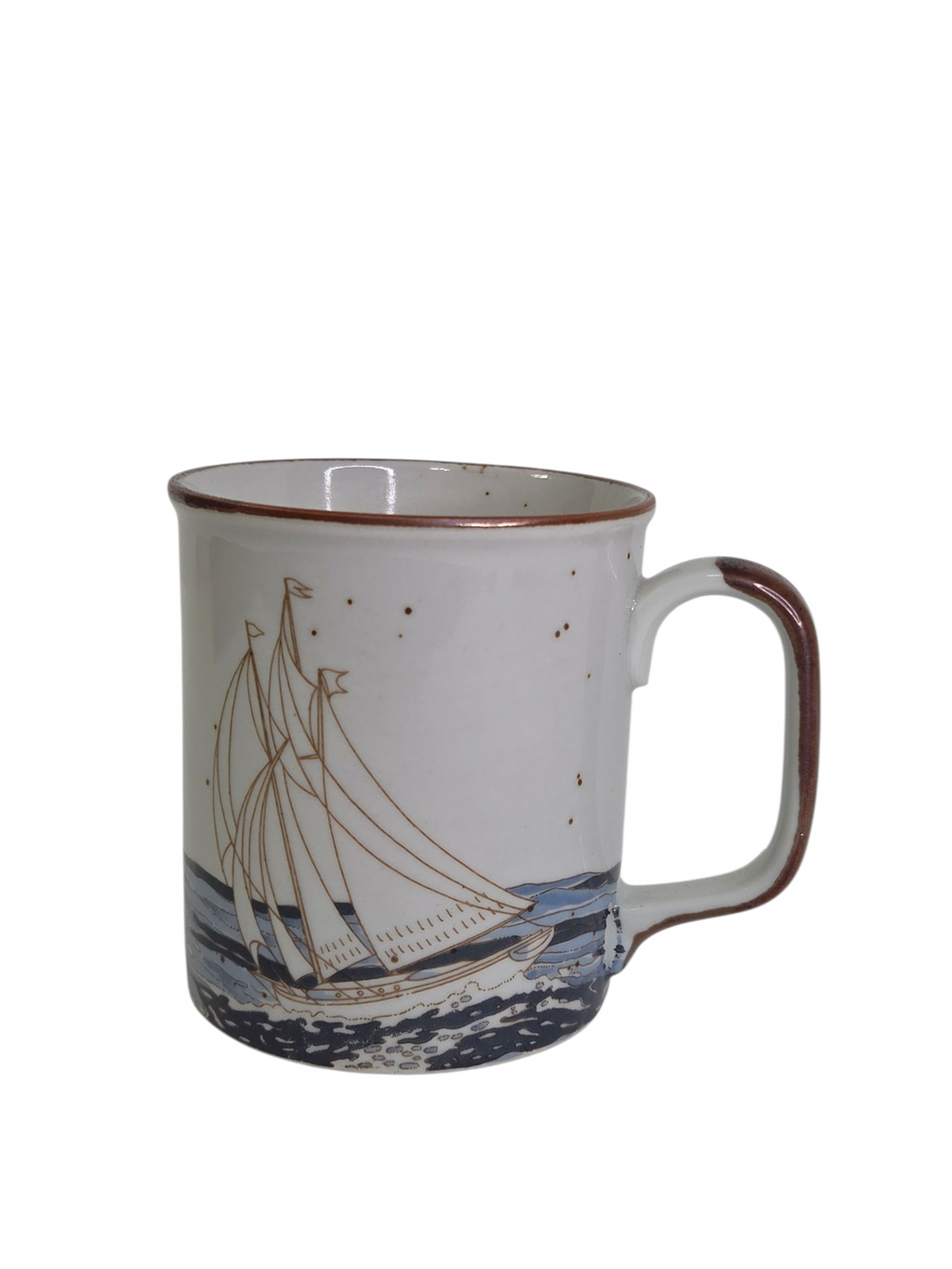 Oddly Darling Vintage ceramic coffee mug with a sailboat illustration, speckled off-white finish, and brown rim.