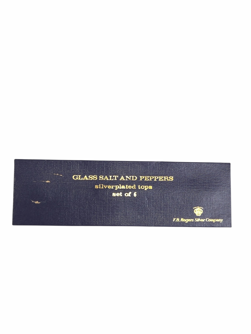 Oddly Darling Vintage F.B. Rogers Silver Company salt and pepper shaker set box with gold text on navy blue